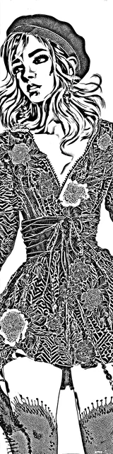 Free colorable bookmarks of a woman wearing a beret and dress